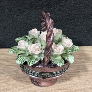 Vintage Porcelain Flower Brown Basket Trinket Box with Bouquet Pink Roses Hinged